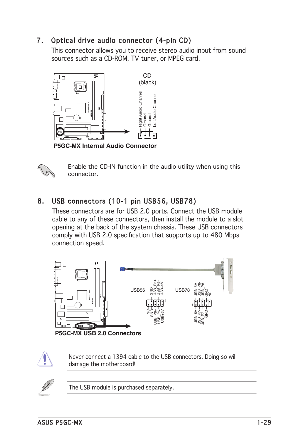 Asus p5gc-mx 1-29, P5gc-mx internal audio connector cd (black), P5gc-mx usb 2.0 connectors | Asus Motherboard P5GC-MX User Manual | Page 41 / 90