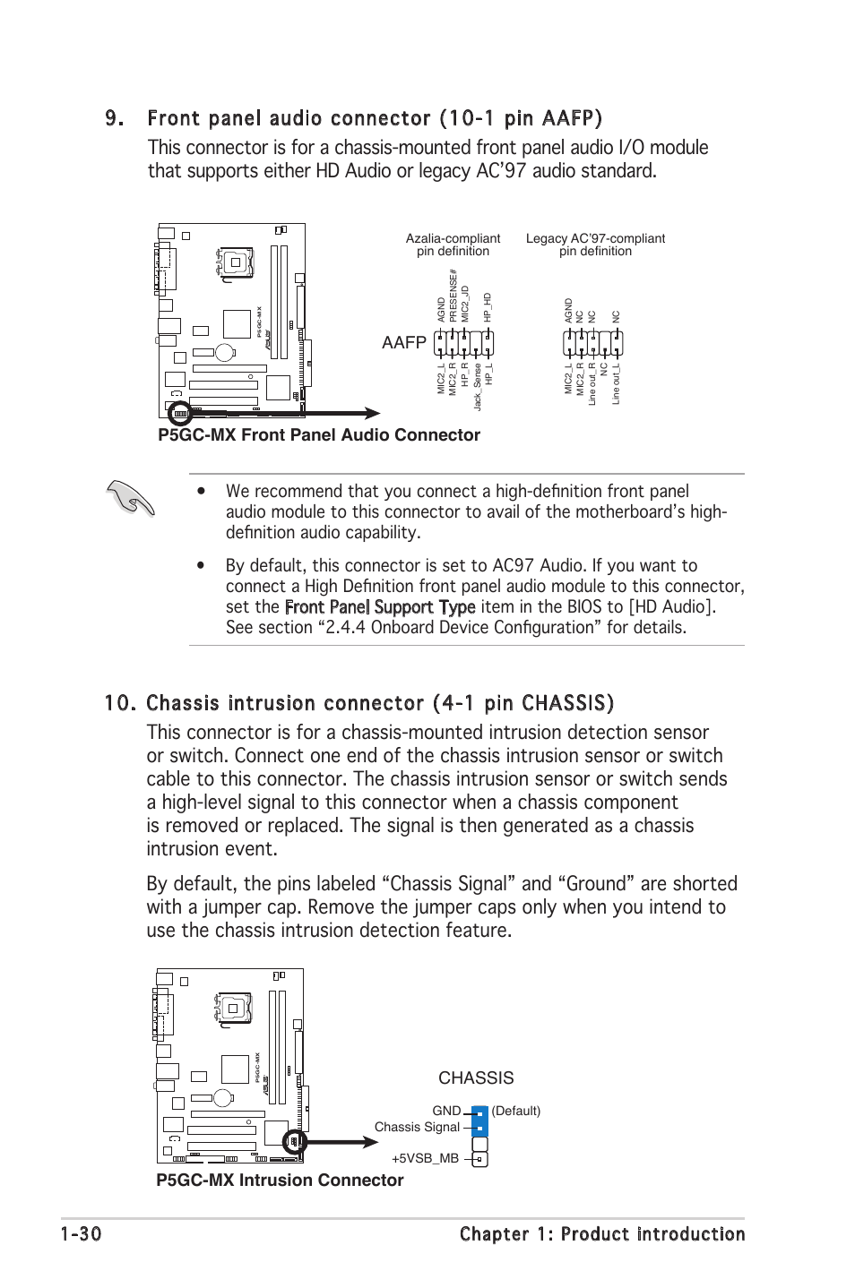 30 chapter 1: product introduction, P5gc-mx front panel audio connector, Aafp | P5gc-mx intrusion connector chassis | Asus Motherboard P5GC-MX User Manual | Page 42 / 90