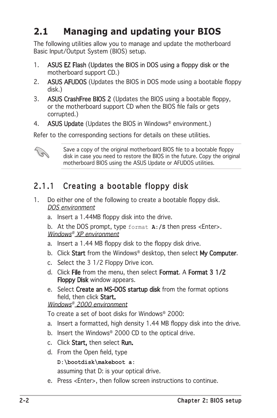 1 managing and updating your bios, 1 creating a bootable floppy disk | Asus Motherboard P5GC-MX User Manual | Page 46 / 90