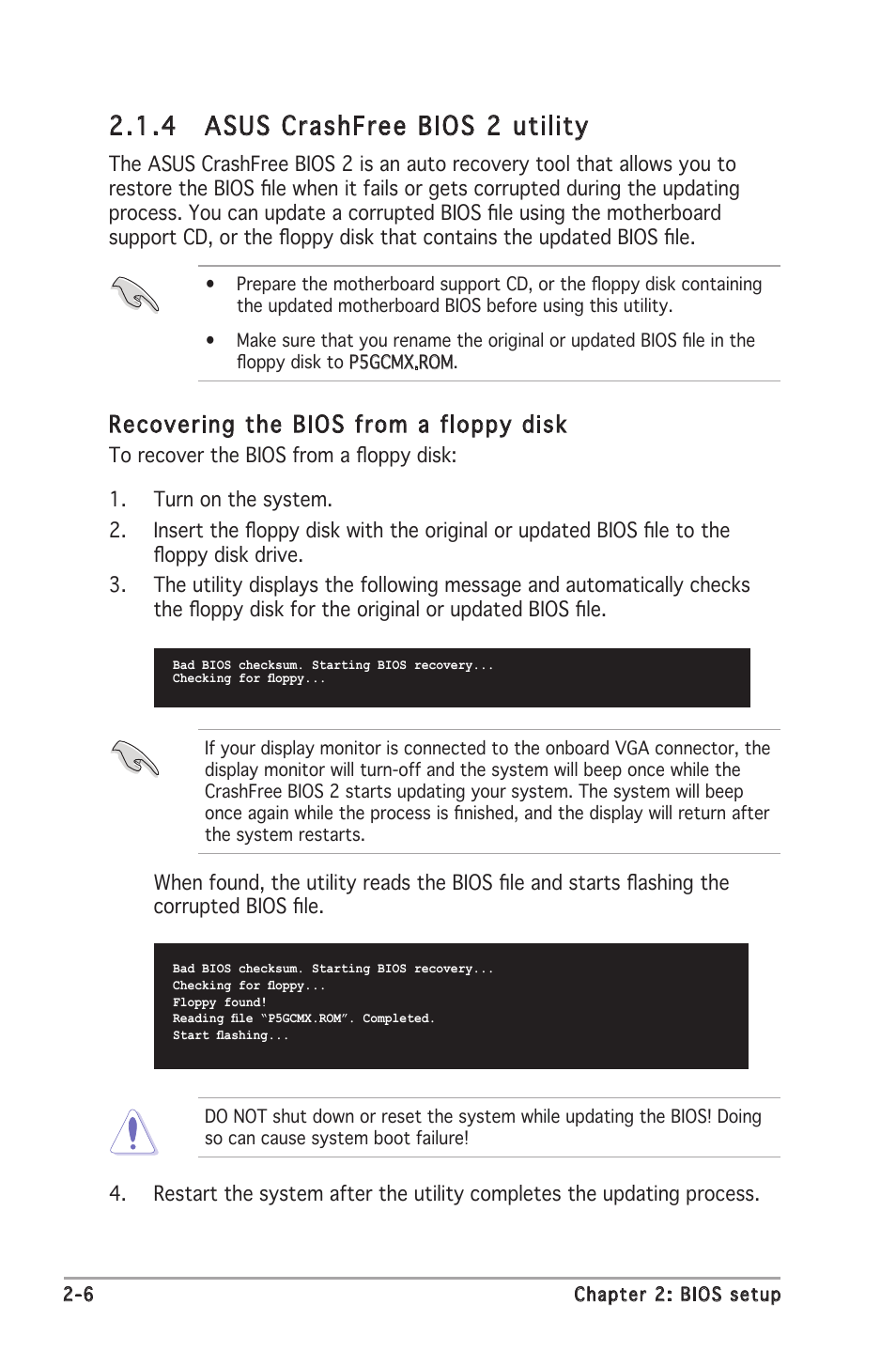 4 asus crashfree bios 2 utility, Recovering the bios from a floppy disk | Asus Motherboard P5GC-MX User Manual | Page 50 / 90