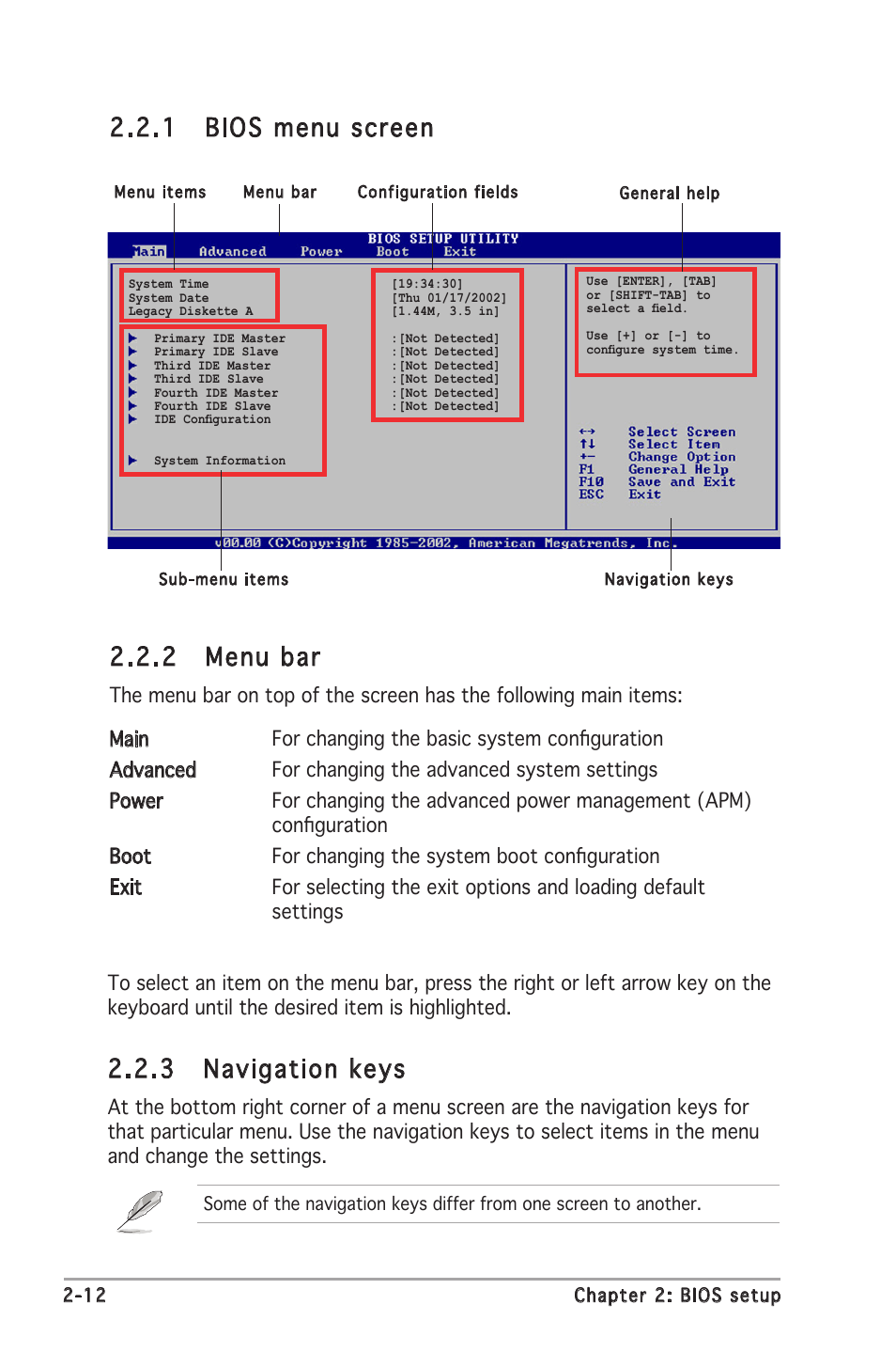 2 menu bar, 1 bios menu screen, 3 navigation keys | Asus Motherboard P5GC-MX User Manual | Page 56 / 90