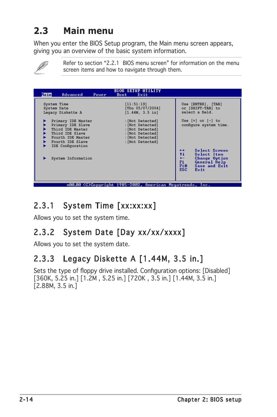 3 main menu, 1 system time [xx:xx:xx, Allows you to set the system time | Allows you to set the system date | Asus Motherboard P5GC-MX User Manual | Page 58 / 90