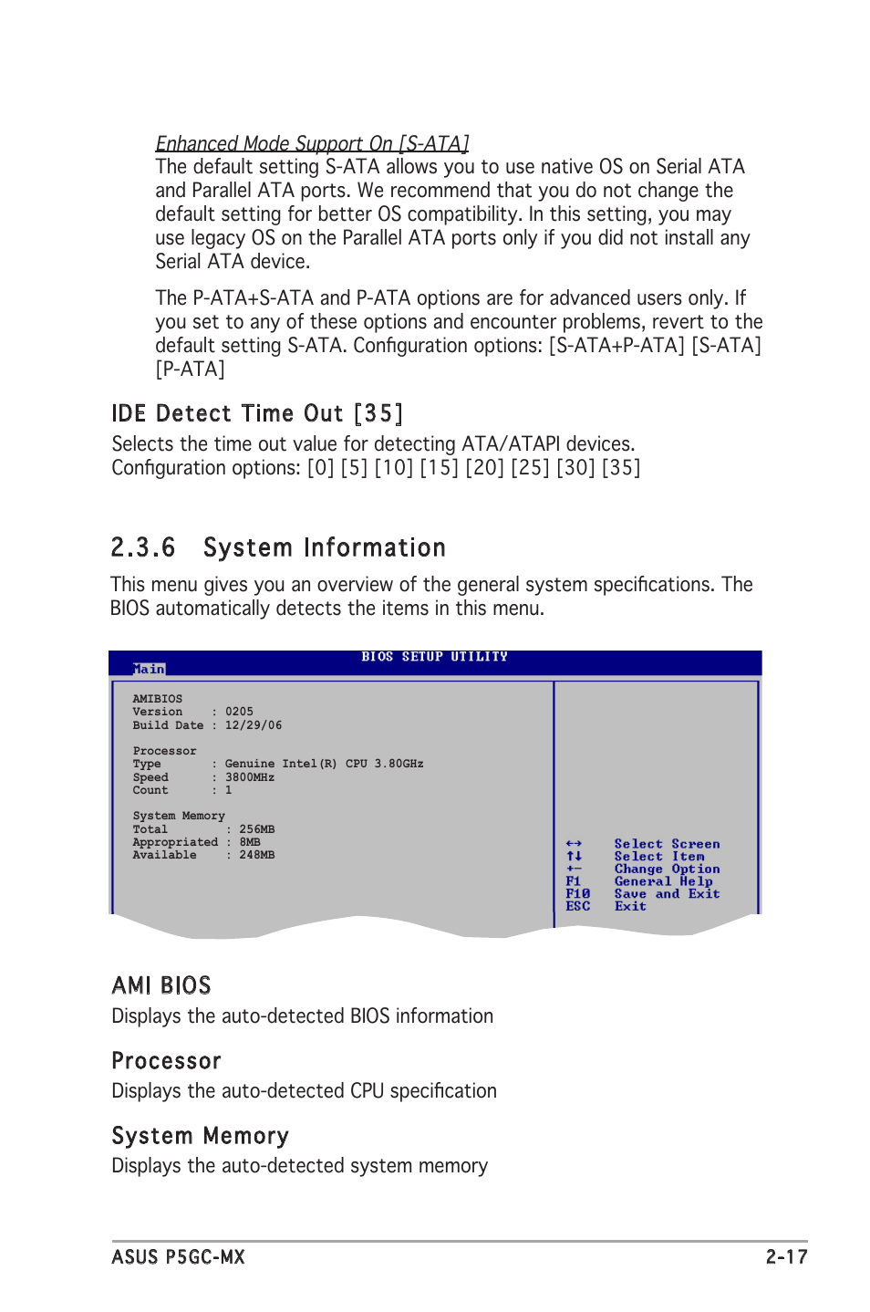 6 system information, Ide detect time out [35, Ami bios | Processor | Asus Motherboard P5GC-MX User Manual | Page 61 / 90