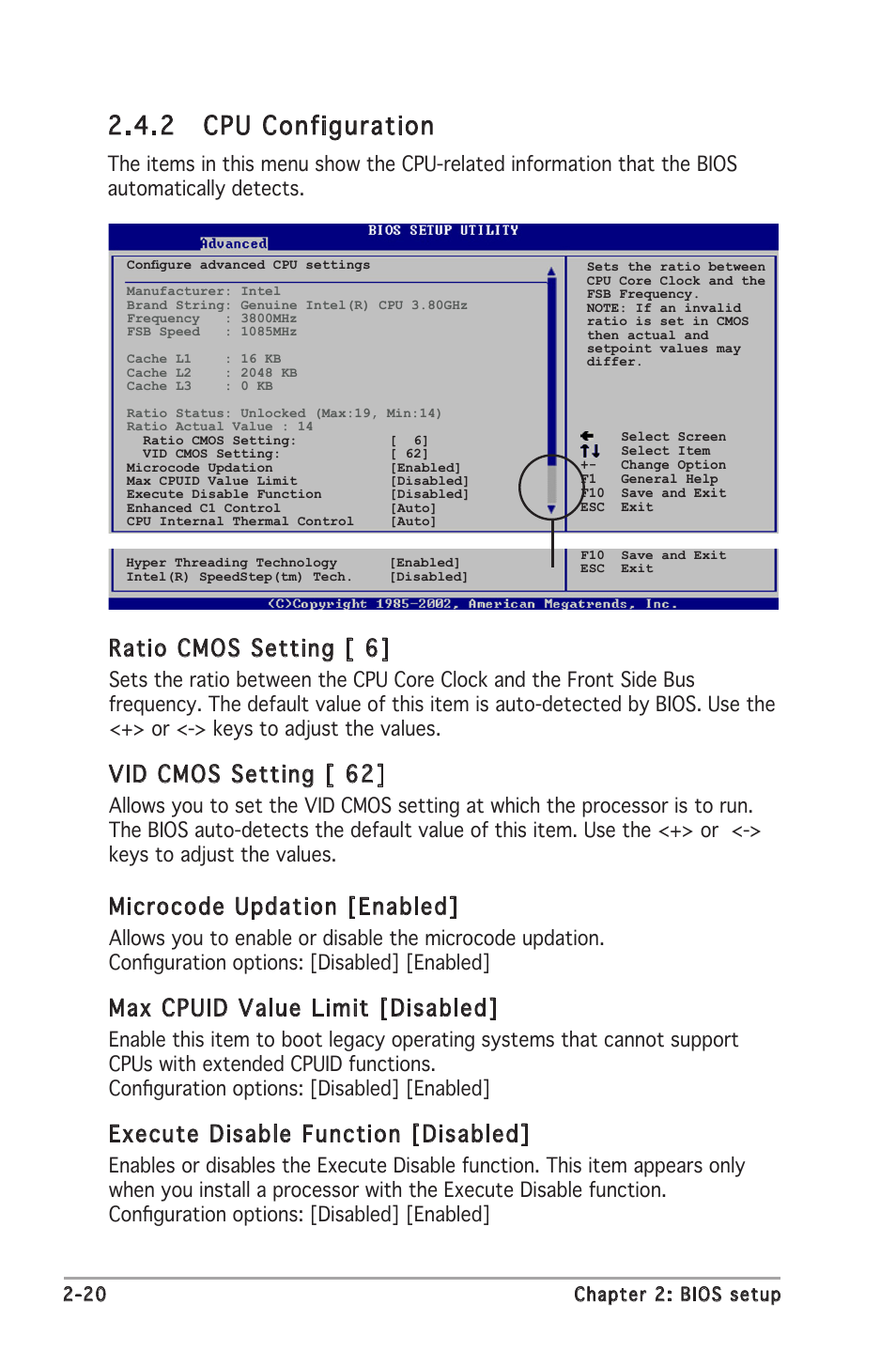 2 cpu configuration, Ratio cmos setting [ 6, Vid cmos setting [ 62 | Microcode updation [enabled, Max cpuid value limit [disabled, Execute disable function [disabled | Asus Motherboard P5GC-MX User Manual | Page 64 / 90