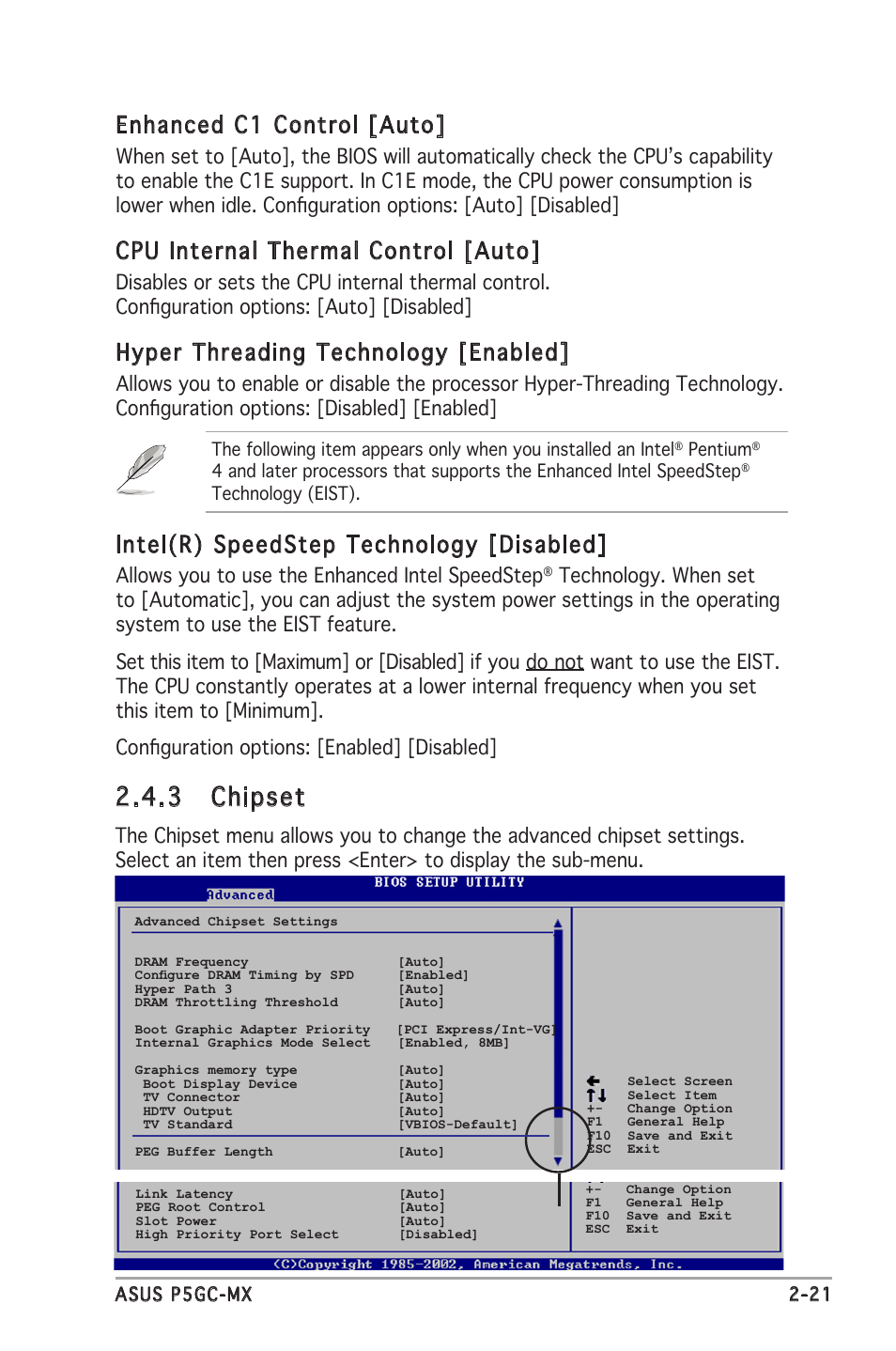 3 chipset, Enhanced c1 control [auto, Cpu internal thermal control [auto | Hyper threading technology [enabled, Intel(r) speedstep technology [disabled, Allows you to use the enhanced intel speedstep | Asus Motherboard P5GC-MX User Manual | Page 65 / 90