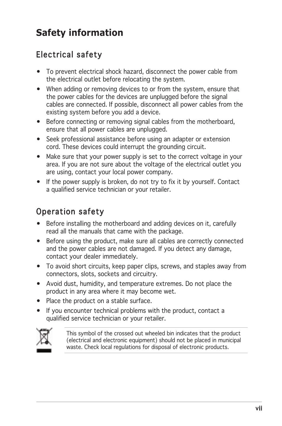 Safety information, Electrical safety, Operation safety | Asus Motherboard P5GC-MX User Manual | Page 7 / 90