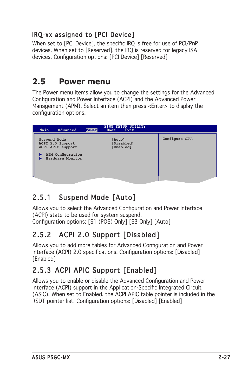 5 power menu, 1 suspend mode [auto, 2 acpi 2.0 support [disabled | 3 acpi apic support [enabled, Irq-xx assigned to [pci device | Asus Motherboard P5GC-MX User Manual | Page 71 / 90