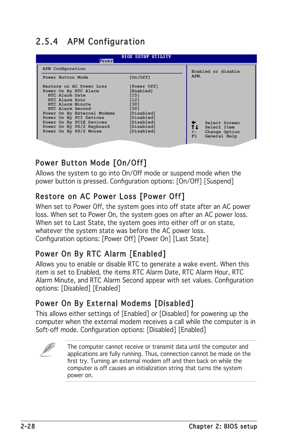 4 apm configuration, Power button mode [on/off, Restore on ac power loss [power off | Power on by rtc alarm [enabled, Power on by external modems [disabled | Asus Motherboard P5GC-MX User Manual | Page 72 / 90