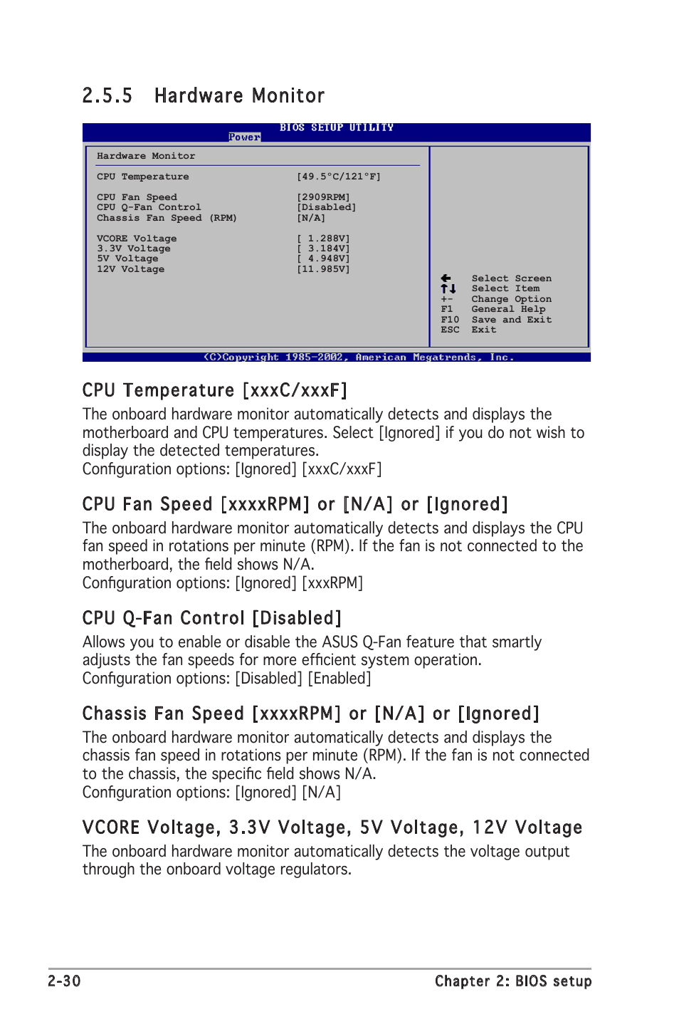 5 hardware monitor, Cpu temperature [xxxc/xxxf, Cpu q-fan control [disabled | Asus Motherboard P5GC-MX User Manual | Page 74 / 90