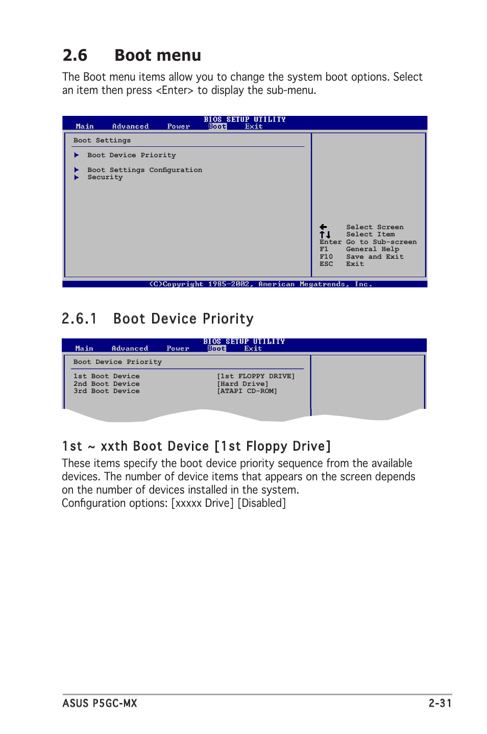 6 boot menu, 1 boot device priority, 1st ~ xxth boot device [1st floppy drive | Asus Motherboard P5GC-MX User Manual | Page 75 / 90