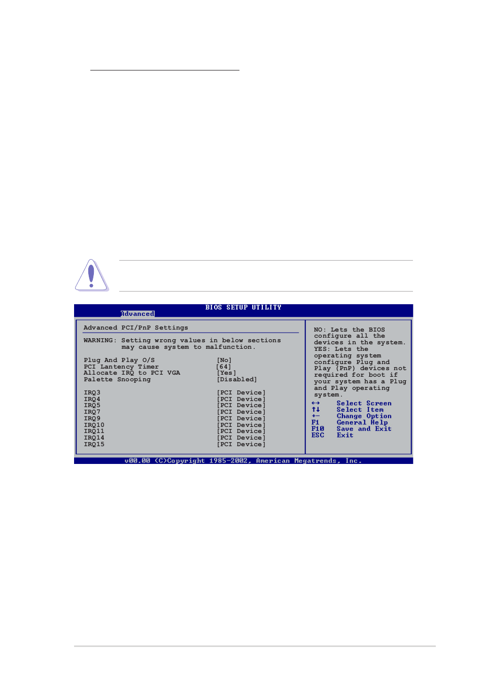 4 pci pnp, Parallel port irq [irq7, Plug and play o/s [no | Pci latency timer [64 | Asus K8V-X SE User Manual | Page 57 / 82