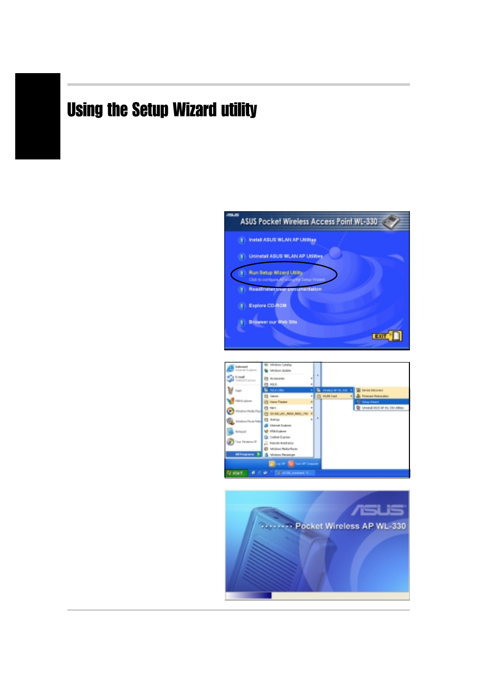 Using the setup wizard utility, Quick start guide, Launching the setup wizard utility | Asus WL-330 User Manual | Page 6 / 16