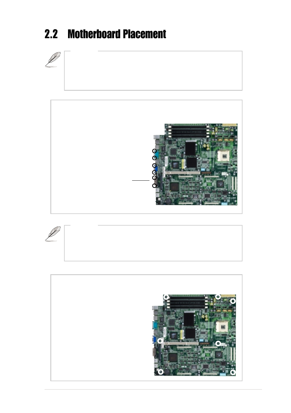 2 motherboard placement, Placement direction, Motherboard screws | Asus Pentium 4 1U Rackmount Server AP160R-S User Manual | Page 19 / 46