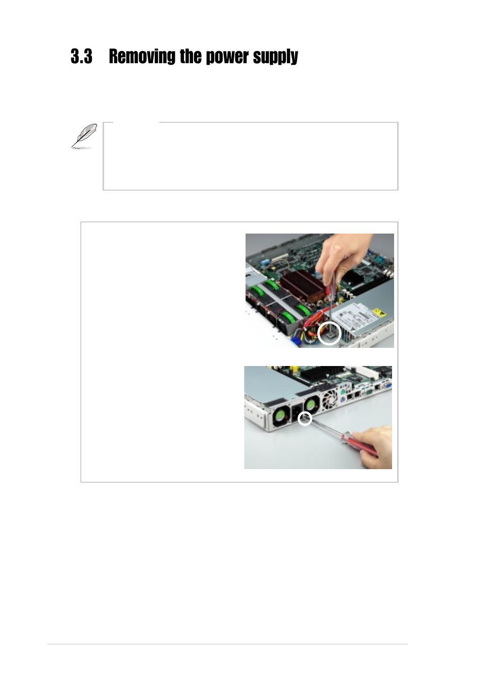 3 removing the power supply | Asus Pentium 4 1U Rackmount Server AP160R-S User Manual | Page 38 / 46