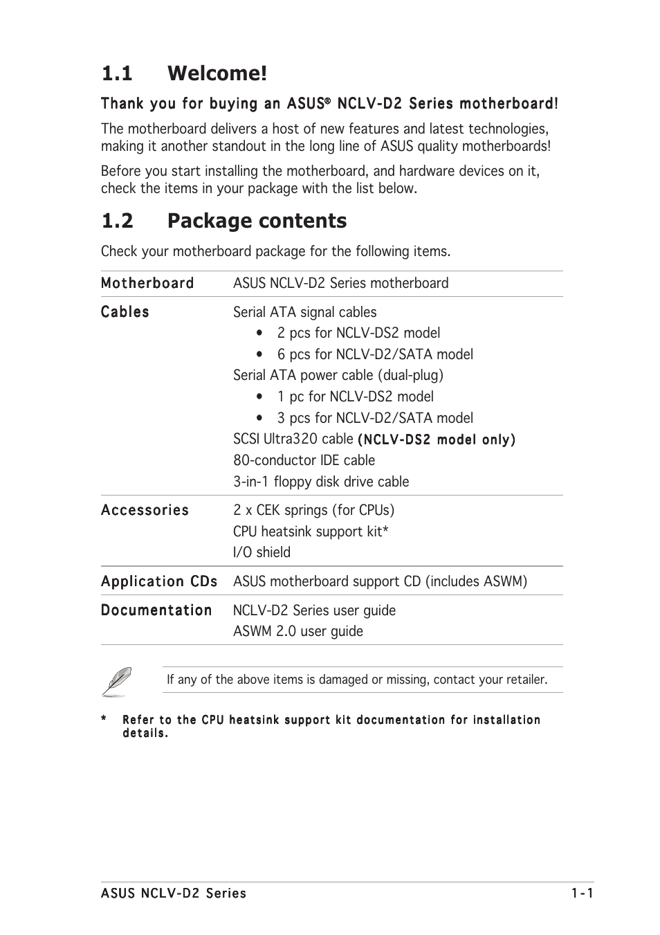 1 welcome, 2 package contents | Asus Motherboard NCLV-D2 Series User Manual | Page 15 / 194