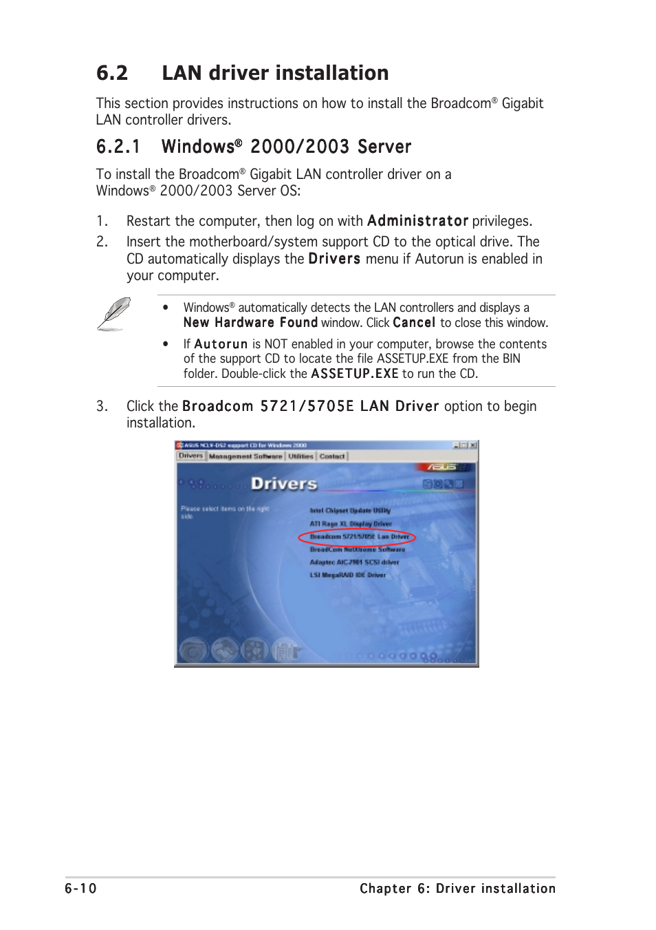 2 lan driver installation, 1 windows windows windows windows windows | Asus Motherboard NCLV-D2 Series User Manual | Page 182 / 194