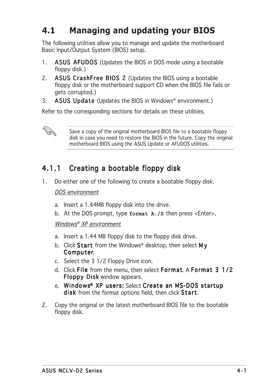 1 managing and updating your bios | Asus Motherboard NCLV-D2 Series User Manual | Page 63 / 194