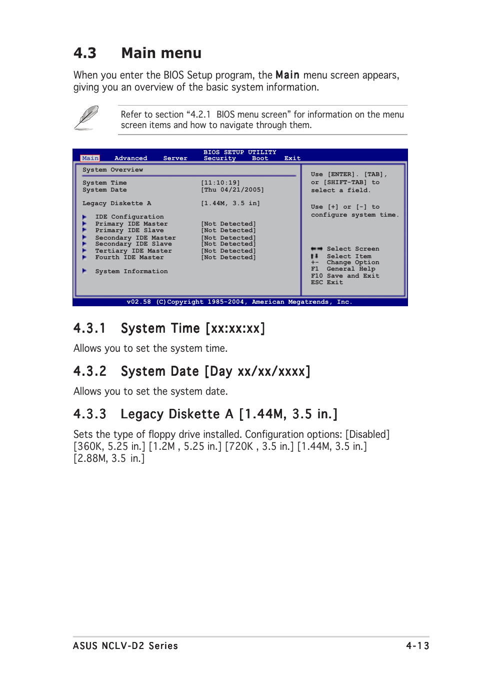 3 main menu | Asus Motherboard NCLV-D2 Series User Manual | Page 75 / 194