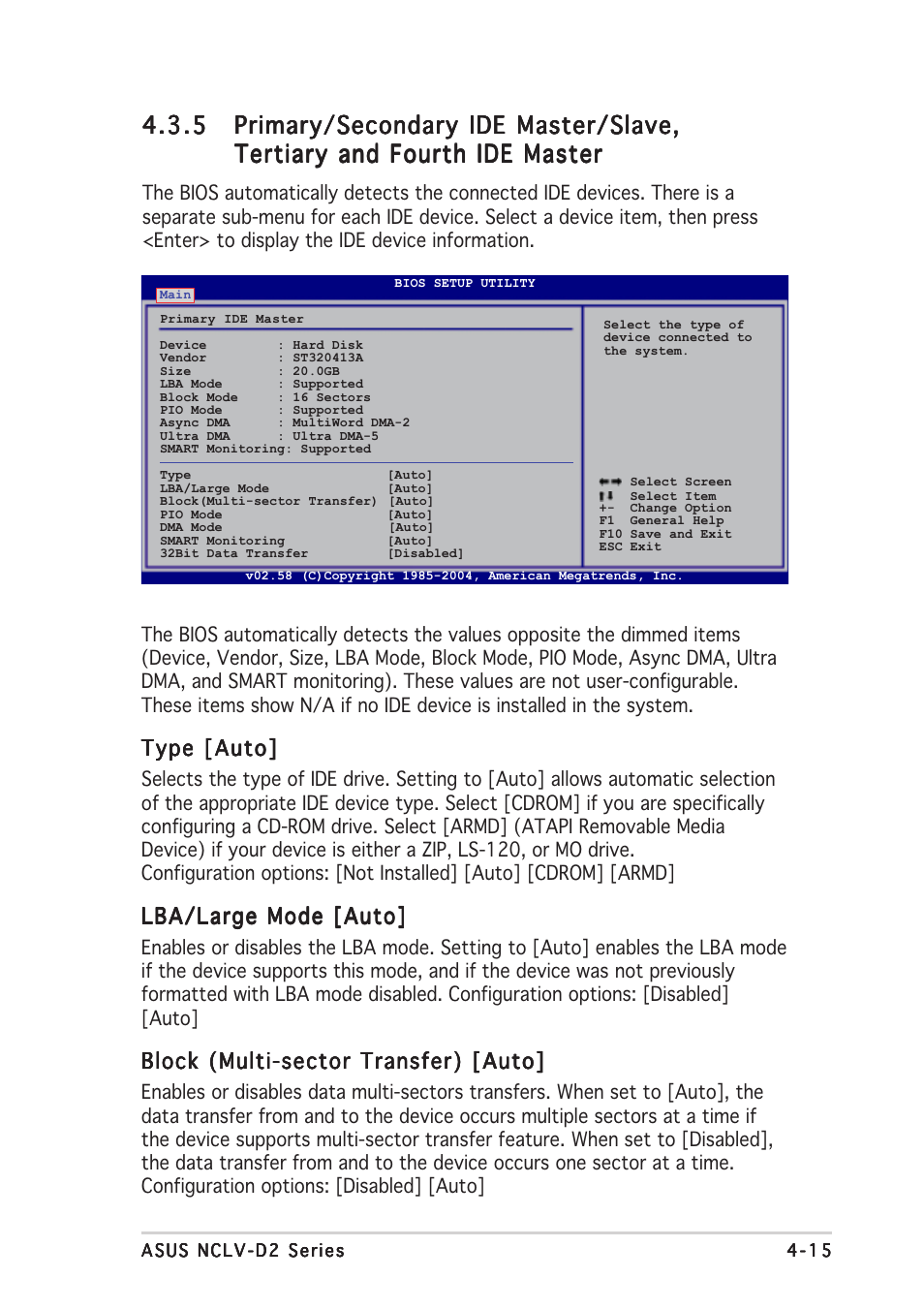 Type [auto, Lba/large mode [auto, Block (multi-sector transfer) [auto | Asus Motherboard NCLV-D2 Series User Manual | Page 77 / 194