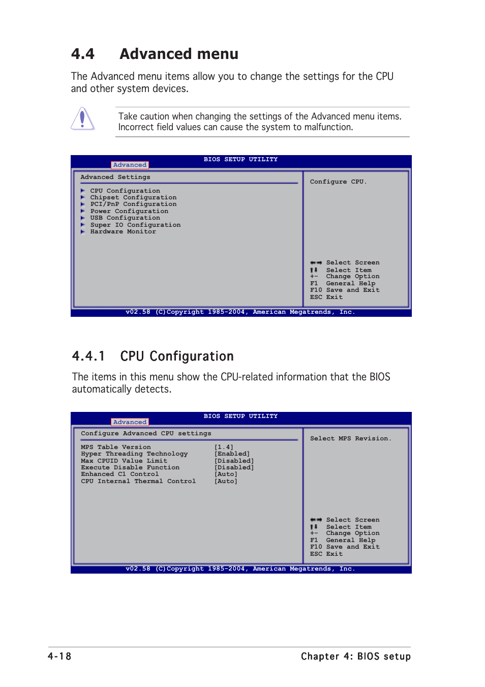 4 advanced menu | Asus Motherboard NCLV-D2 Series User Manual | Page 80 / 194