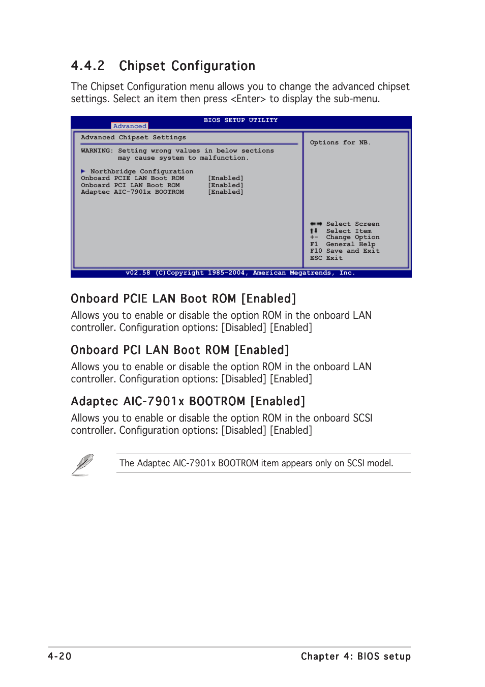 Onboard pcie lan boot rom [enabled, Onboard pci lan boot rom [enabled, Adaptec aic-7901x bootrom [enabled | Asus Motherboard NCLV-D2 Series User Manual | Page 82 / 194