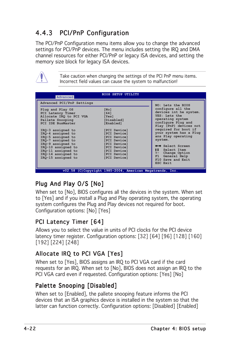 Plug and play o/s [no, Pci latency timer [64, Allocate irq to pci vga [yes | Palette snooping [disabled | Asus Motherboard NCLV-D2 Series User Manual | Page 84 / 194