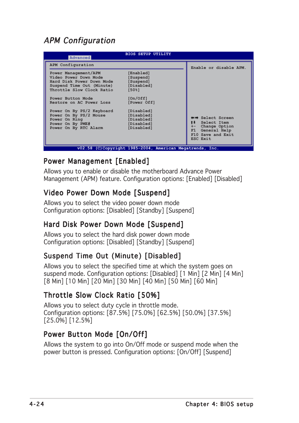 Apm configuration, Power management [enabled, Video power down mode [suspend | Hard disk power down mode [suspend, Suspend time out (minute) [disabled, Throttle slow clock ratio [50, Power button mode [on/off | Asus Motherboard NCLV-D2 Series User Manual | Page 86 / 194