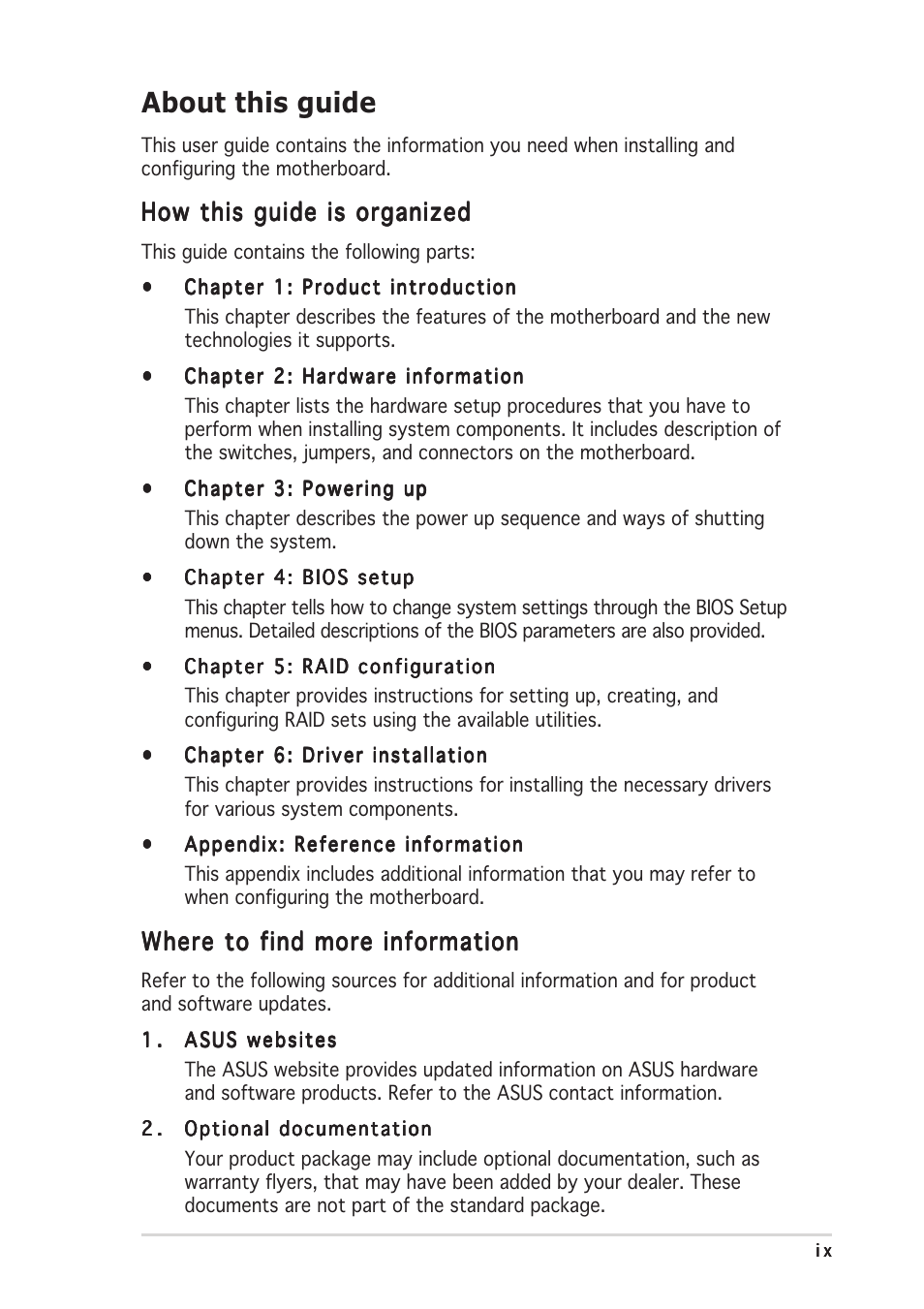 About this guide, How this guide is organized, Where to find more information | Asus Motherboard NCLV-D2 Series User Manual | Page 9 / 194