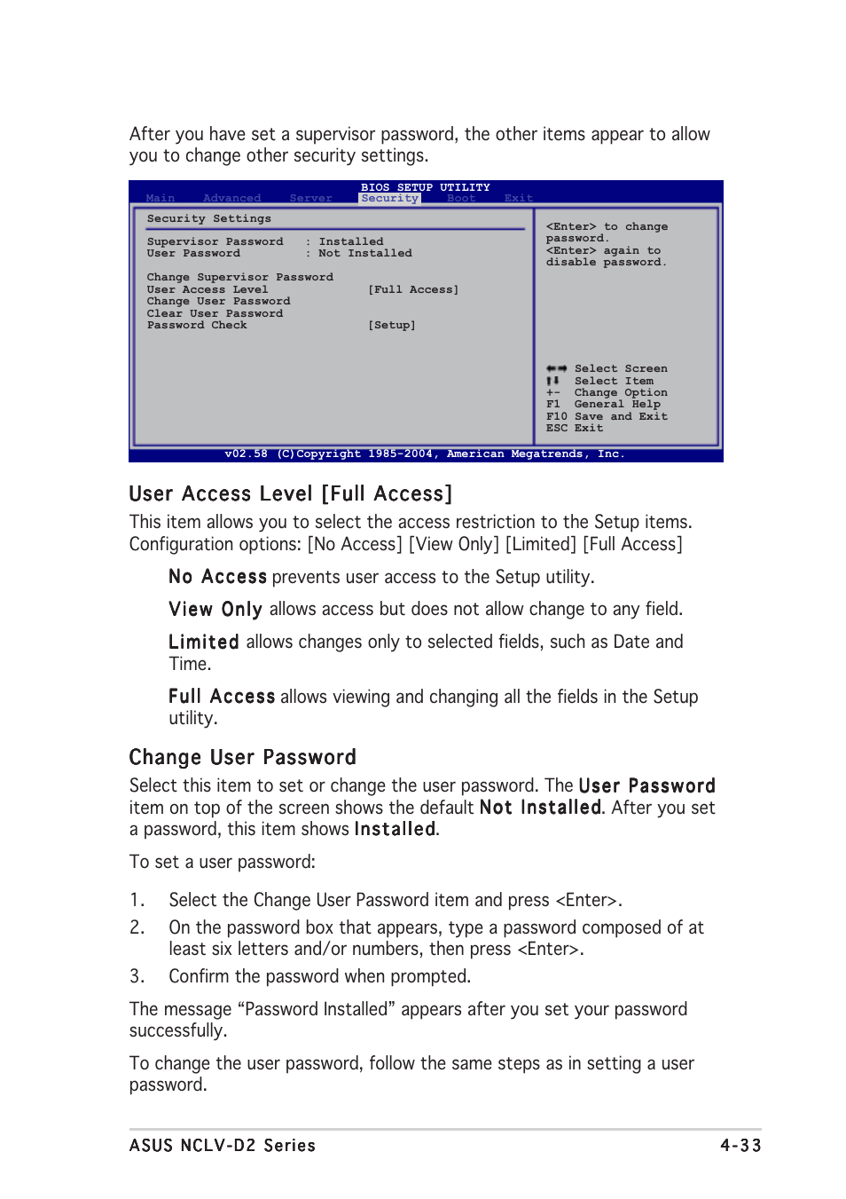 User access level [full access, Change user password | Asus Motherboard NCLV-D2 Series User Manual | Page 95 / 194