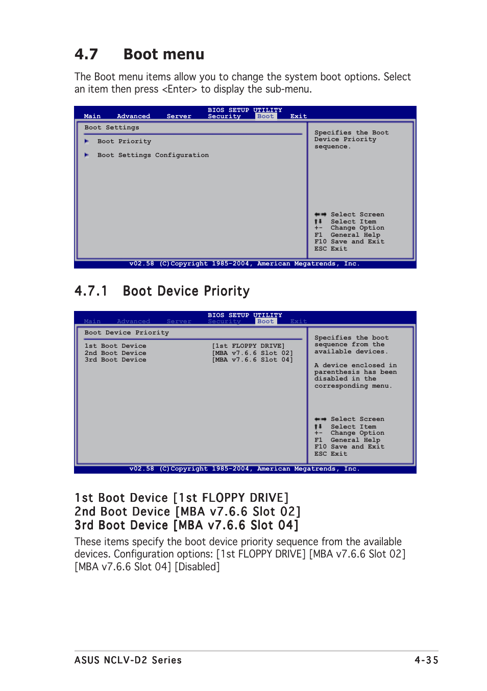 7 boot menu, 1st boot device [1st floppy drive | Asus Motherboard NCLV-D2 Series User Manual | Page 97 / 194