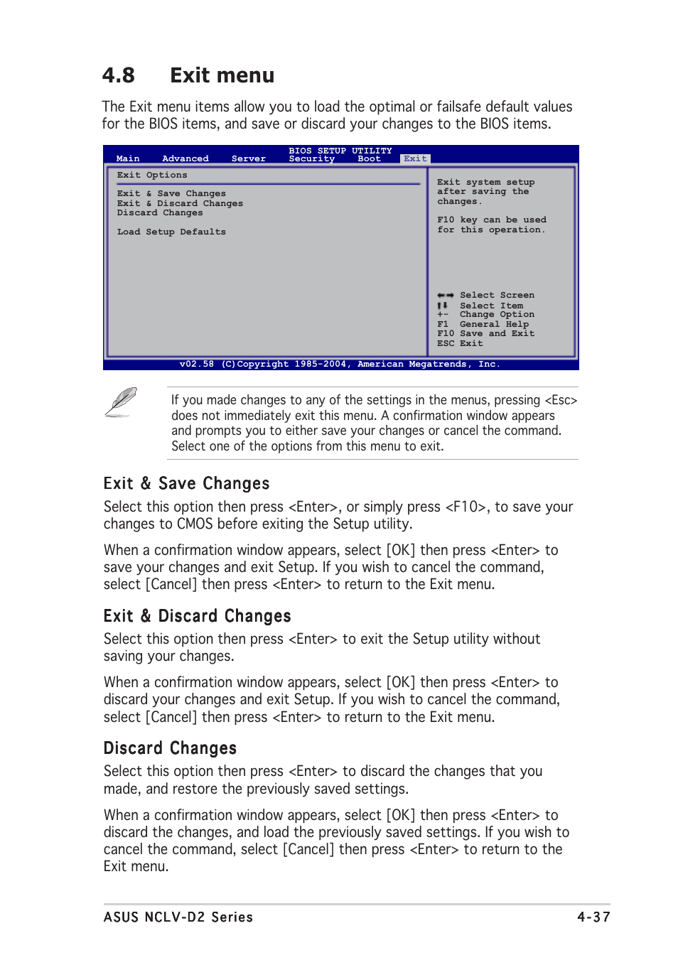 8 exit menu, Exit & save changes, Exit & discard changes | Discard changes | Asus Motherboard NCLV-D2 Series User Manual | Page 99 / 194