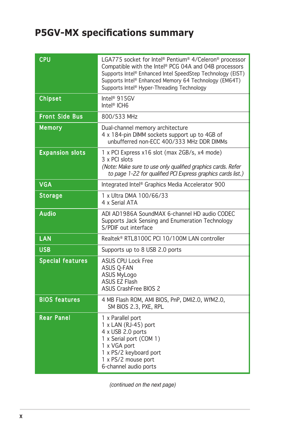 P5gv-mx speciﬁcations summary | Asus P5GV-MX User Manual | Page 10 / 88