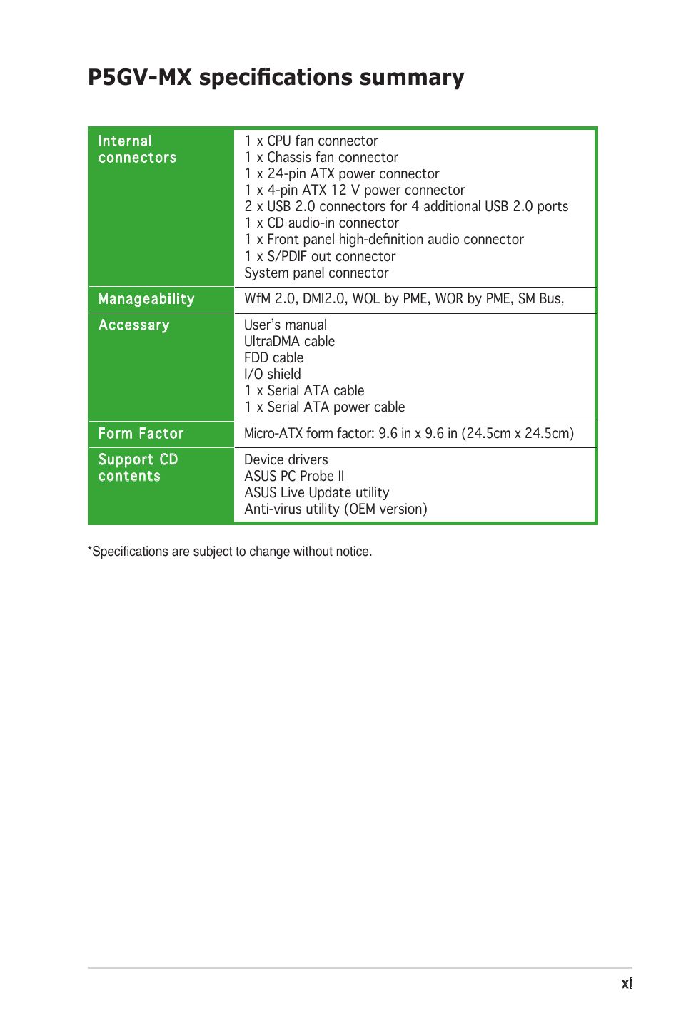 P5gv-mx speciﬁcations summary | Asus P5GV-MX User Manual | Page 11 / 88