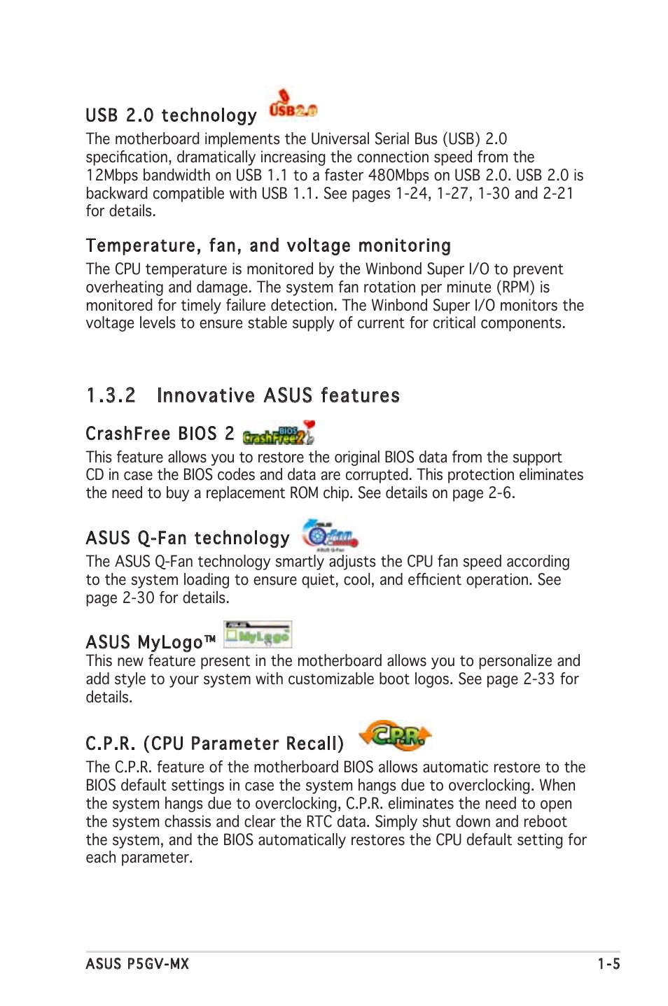 2 innovative asus features | Asus P5GV-MX User Manual | Page 17 / 88