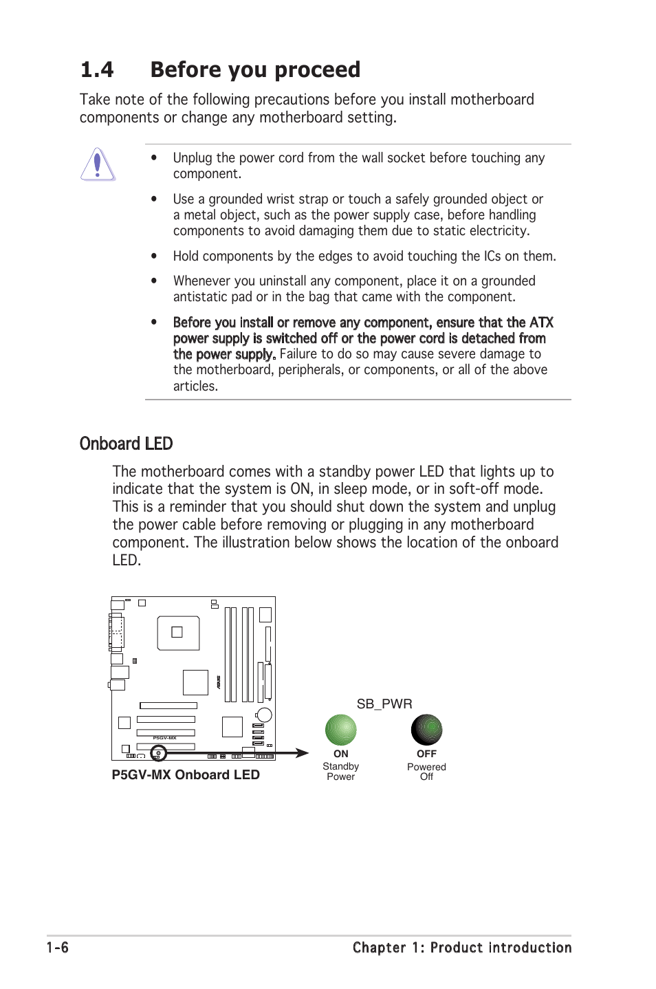 4 before you proceed, Onboard led | Asus P5GV-MX User Manual | Page 18 / 88