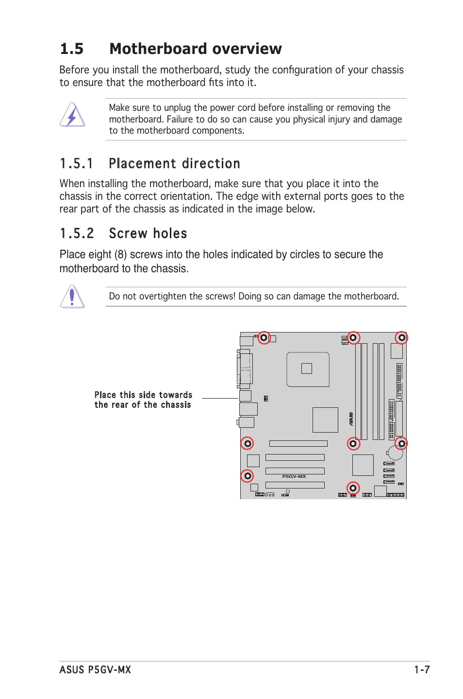 5 motherboard overview, 1 placement direction, 2 screw holes | Asus P5GV-MX User Manual | Page 19 / 88