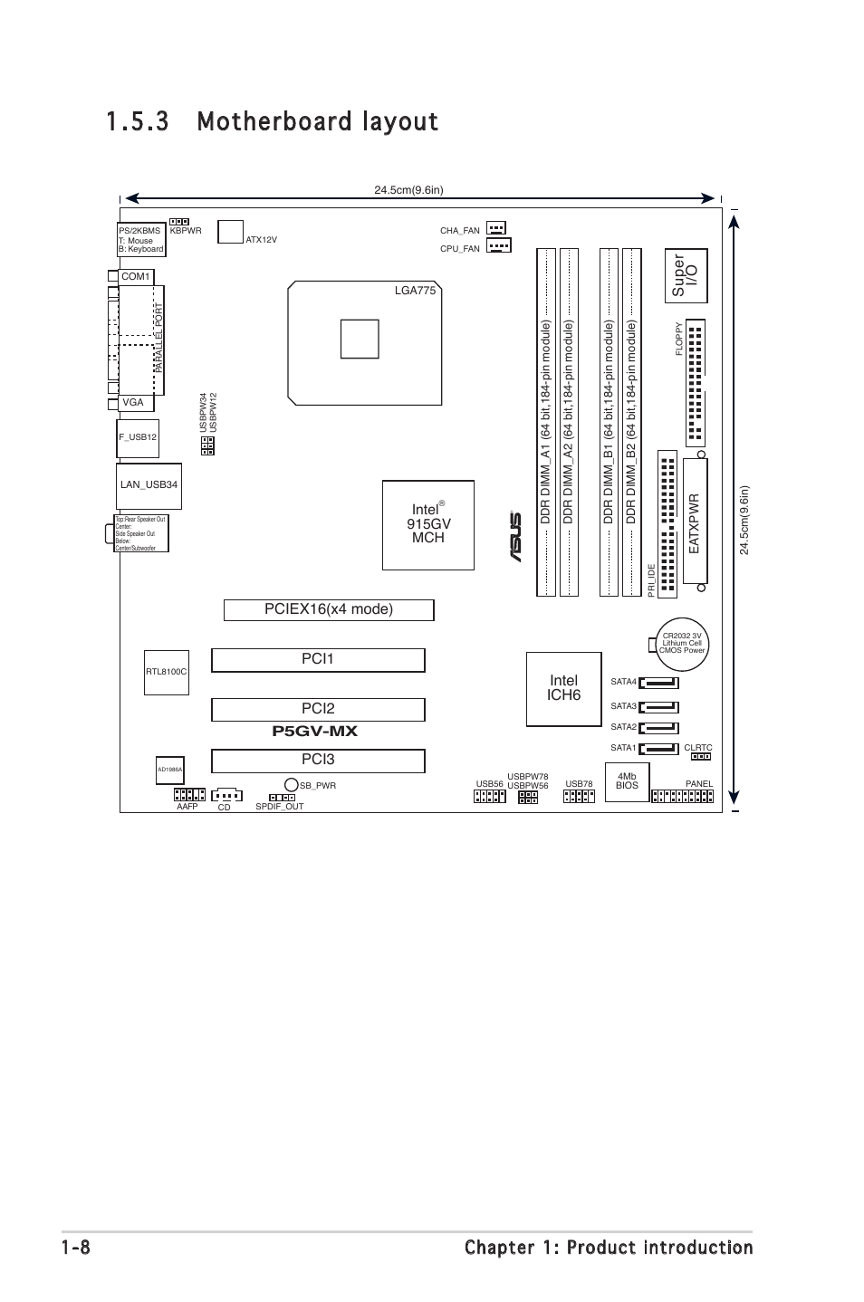 3 motherboard layout, 8 chapter 1: product introduction, Sup er i/o | Pci1, Intel ich6, Pciex16(x4 mode), Pci2 pci3, P5gv-mx, Intel, 915gv mch | Asus P5GV-MX User Manual | Page 20 / 88