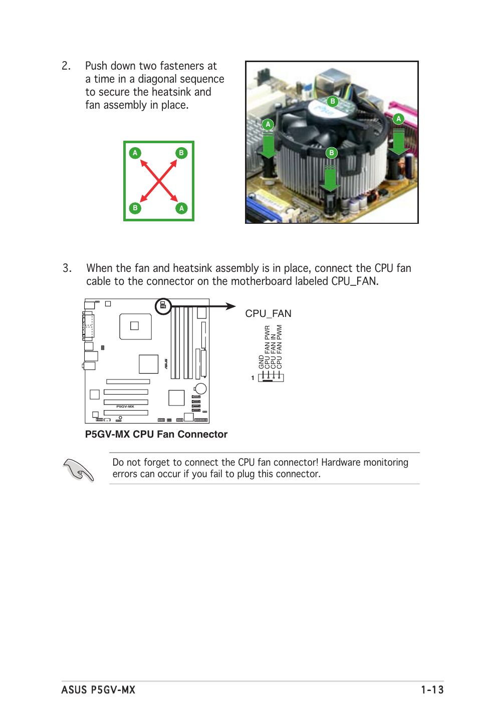 Cpu_fan, P5gv-mx cpu fan connector | Asus P5GV-MX User Manual | Page 25 / 88