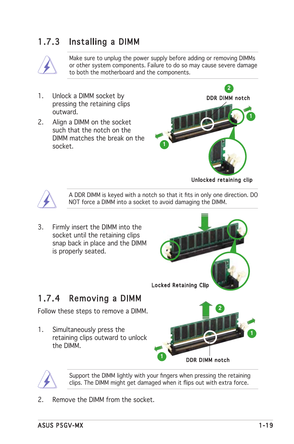 4 removing a dimm, 3 installing a dimm | Asus P5GV-MX User Manual | Page 31 / 88