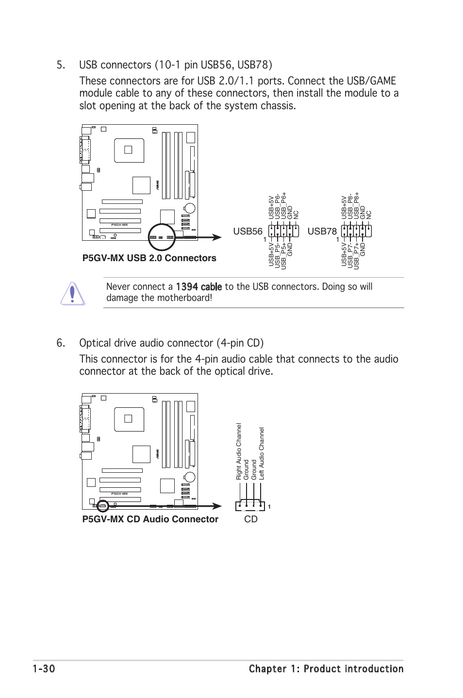 Usb78, P5gv-mx cd audio connector cd | Asus P5GV-MX User Manual | Page 42 / 88