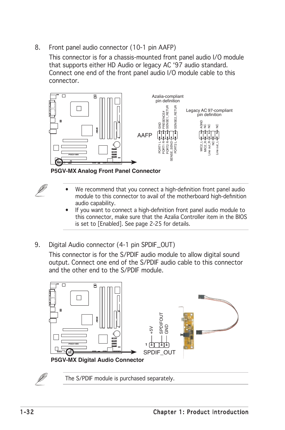 32 chapter 1: product introduction, The s/pdif module is purchased separately, P5gv-mx digital audio connector | Spdif_out, P5gv-mx analog front panel connector aafp | Asus P5GV-MX User Manual | Page 44 / 88