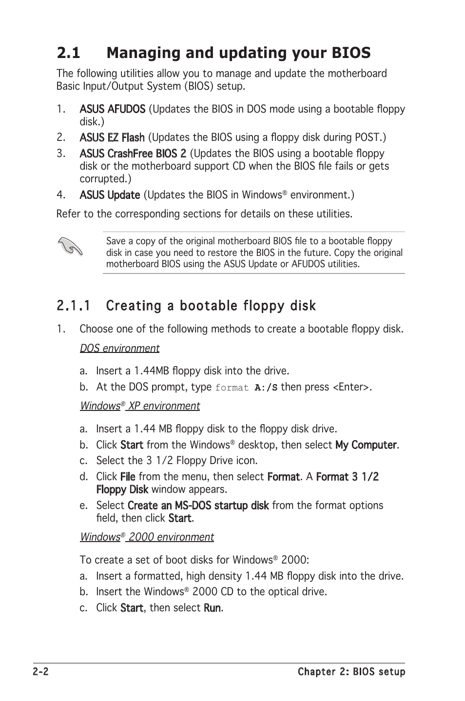 1 managing and updating your bios, 1 creating a bootable floppy disk | Asus P5GV-MX User Manual | Page 48 / 88