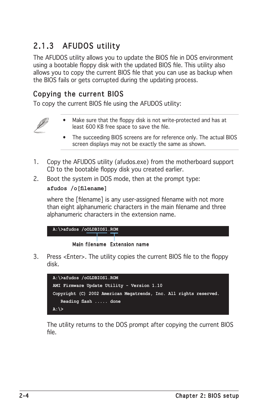 3 afudos utility, Copying the current bios | Asus P5GV-MX User Manual | Page 50 / 88