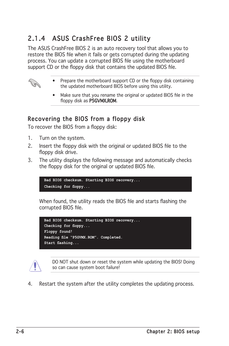 4 asus crashfree bios 2 utility, Recovering the bios from a floppy disk | Asus P5GV-MX User Manual | Page 52 / 88