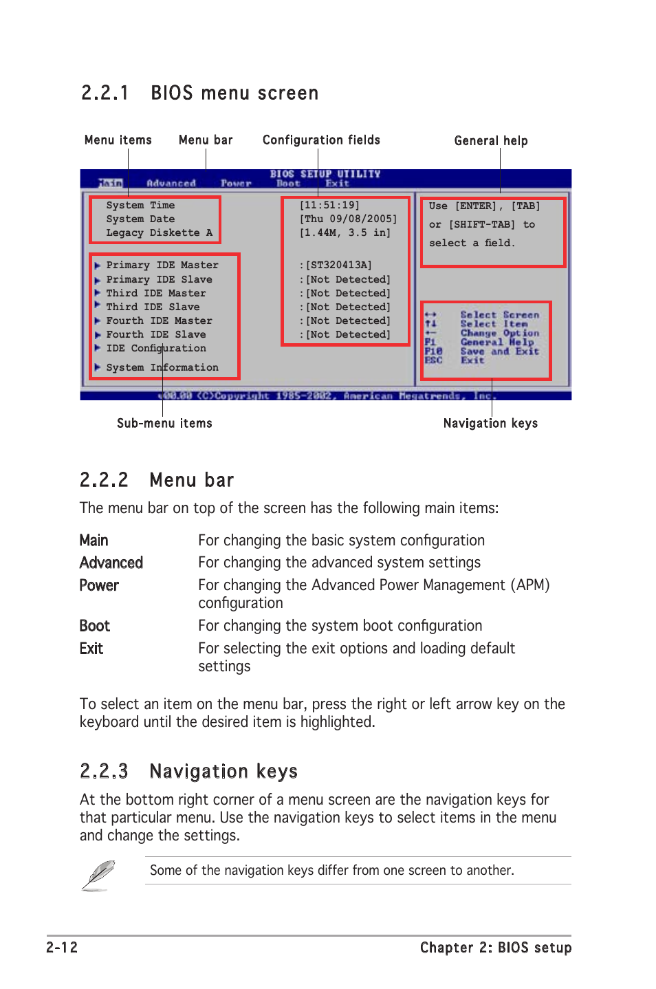 2 menu bar, 1 bios menu screen, 3 navigation keys | Asus P5GV-MX User Manual | Page 58 / 88