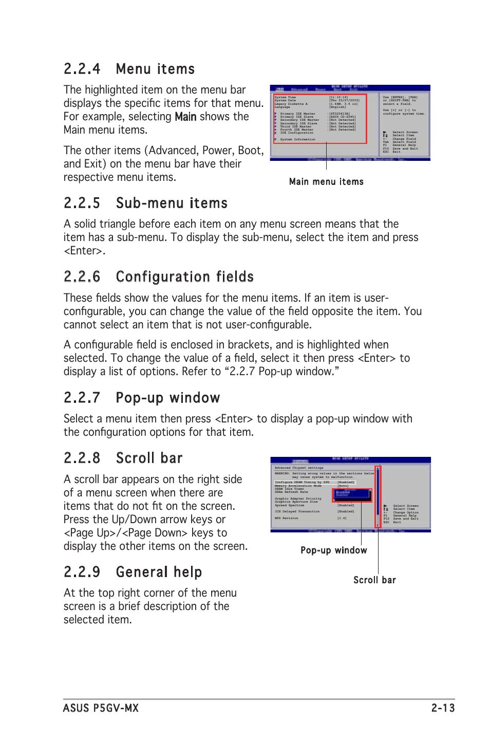 4 menu items, 5 sub-menu items, 6 configuration fields | 7 pop-up window, 8 scroll bar, 9 general help, Asus p5gv-mx 2-13 | Asus P5GV-MX User Manual | Page 59 / 88