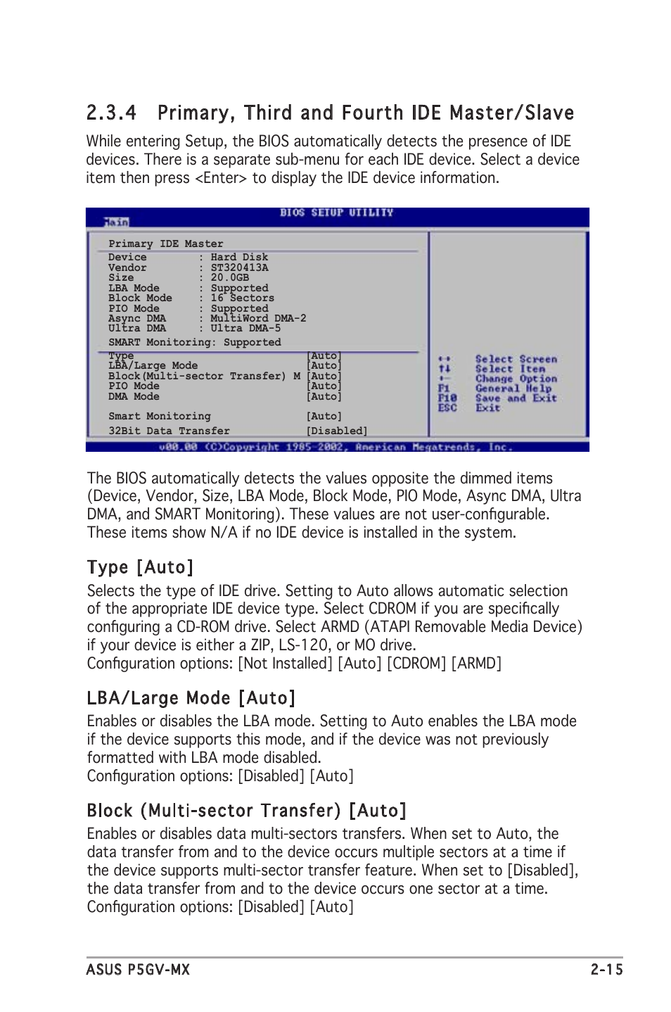 4 primary, third and fourth ide master/slave, Type [auto, Lba/large mode [auto | Block (multi-sector transfer) [auto | Asus P5GV-MX User Manual | Page 61 / 88