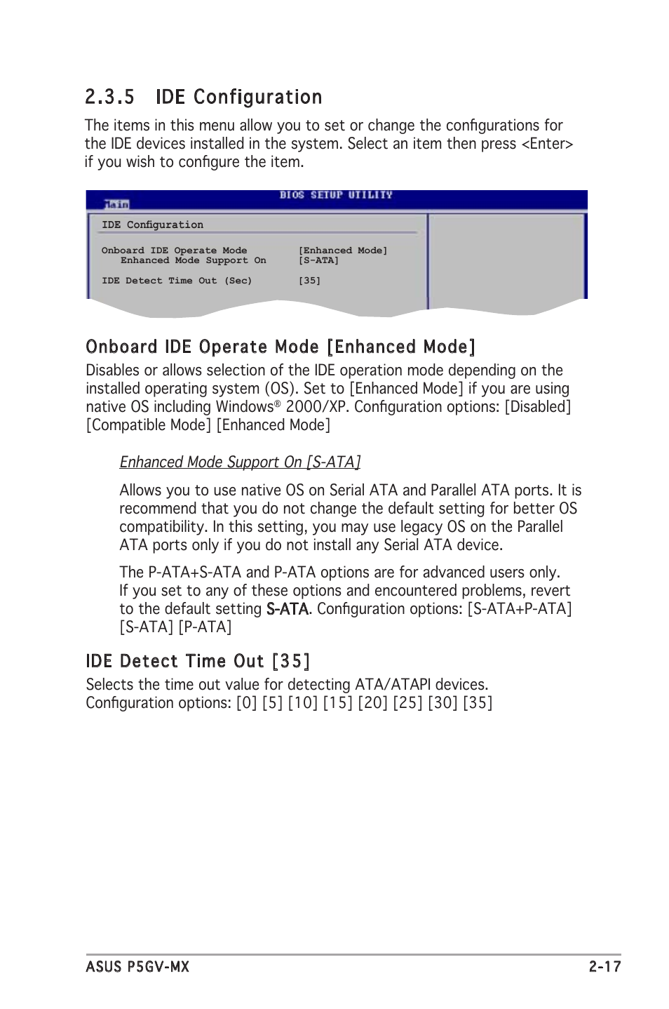 5 ide configuration, Onboard ide operate mode [enhanced mode, Ide detect time out [35 | Asus P5GV-MX User Manual | Page 63 / 88