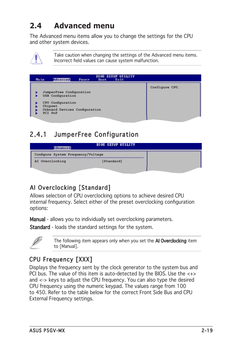 4 advanced menu, 1 jumperfree configuration, Ai overclocking [standard | Cpu frequency [xxx | Asus P5GV-MX User Manual | Page 65 / 88