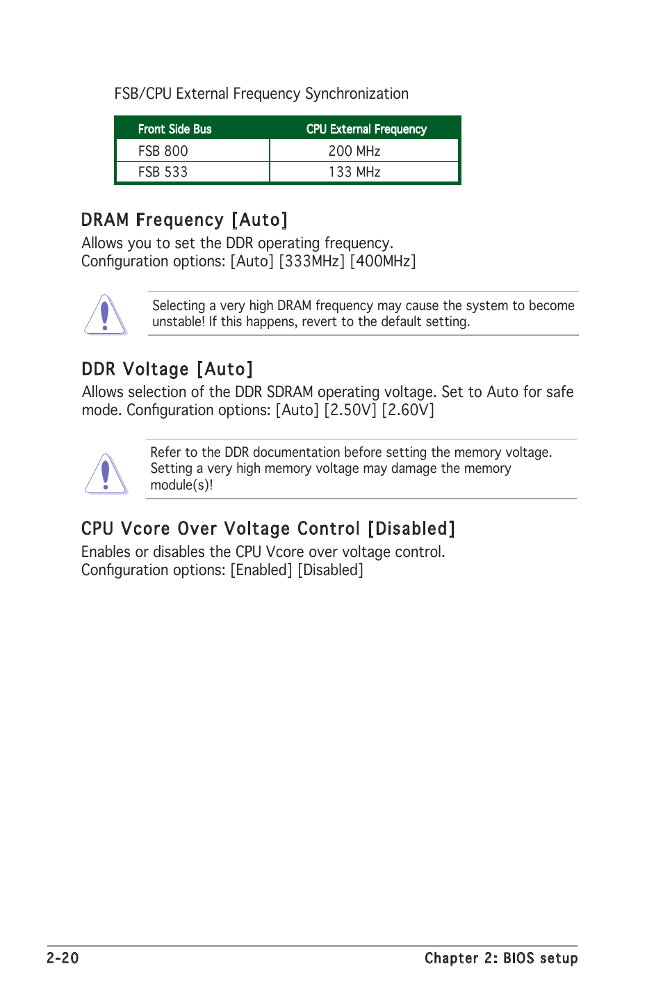 Ddr voltage [auto, Cpu vcore over voltage control [disabled, Dram frequency [auto | Asus P5GV-MX User Manual | Page 66 / 88